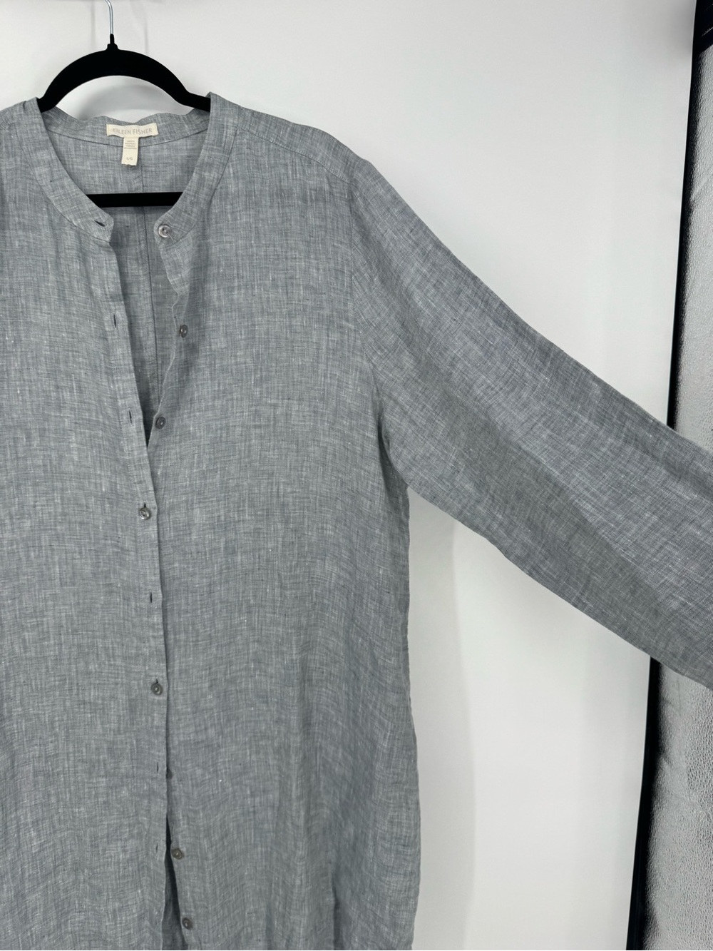 Eileen Fisher Mandarin Collar Organic Linen Shirt Dress Gray High Low Size L - Picture 7 of 14